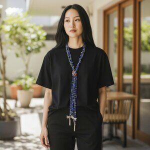 Blue Crystal Leather Wrap Lapis Lazuli Stone Long Necklace Boho Chain Dragonfly